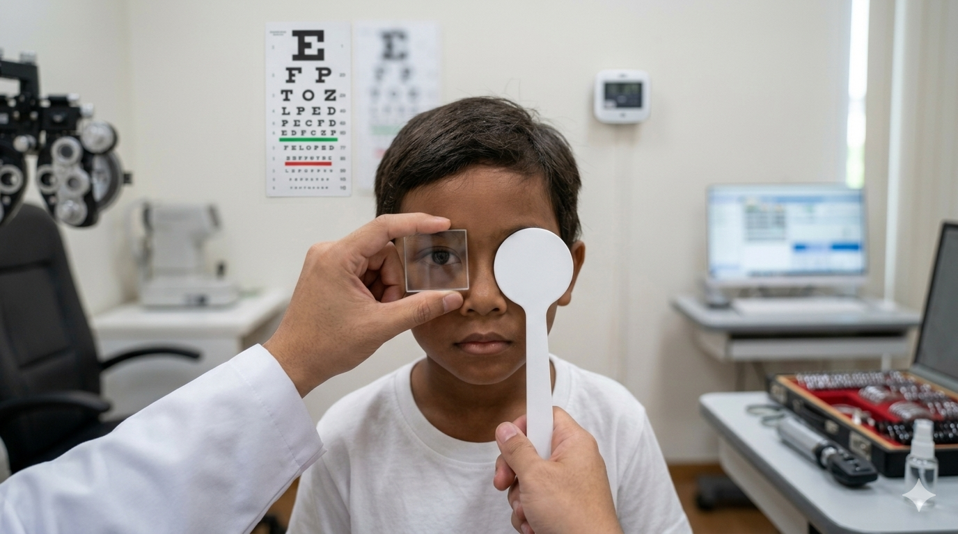 Cover Test - Patient face with eye occluder for Binocular Vision Assessment